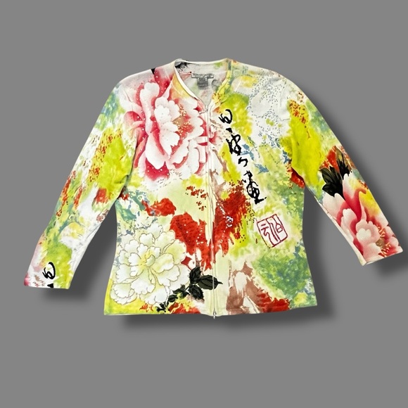 Alberto Makali Sweaters - Alberto Makali Knit Top Asian Floral Sequins Zip Up Slim Fit XL  Artsy Boho 90s